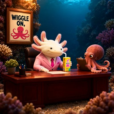 3D render: a white axolotl in a pink suit and tie sips a juice box at a mahogany desk on the sea floor; an orange octopus holds a clipboard; a framed poster on the coral reads WIGGLE ON.