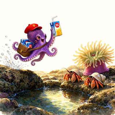 Watercolor: a purple octopus in a red cap leaps over wet rocks with a satchel of juice boxes, holding one high; two hermit crabs and a large anemone wait by a tide pool; water splashes behind.