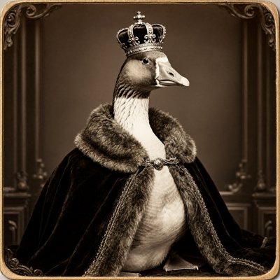 Sepia cabinet-card portrait of a goose in a fur-trimmed velvet cloak and a jewelled crown, seated in front of an ornate studio backdrop.