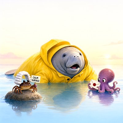 A manatee in a huge yellow raincoat floats in glassy water with its mouth open mid-word; on a rock a small crab in a powdered wig holds a sign reading CALM SURFACE; a purple octopus holds a red-sealed envelope.