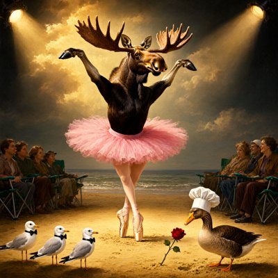 Oil painting: a moose in a pink tutu dances en pointe on human ballerina legs under two spotlights on a beach; three seagulls in bow ties and a goose in a chef hat stand by a rose on the sand; people watch from folding chairs.