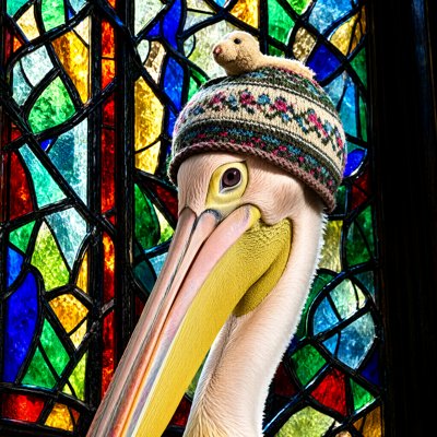 A pelican in a patterned knitted tea cosy, with a small fuzzy creature sitting on top, looks at the viewer in front of a bright jewel-toned stained-glass window.