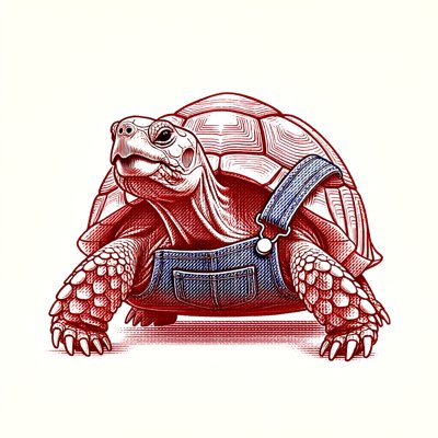 Red linocut-style print of a tortoise in blue denim overalls with one strap undone, head raised, eyes open, mouth slightly parted.