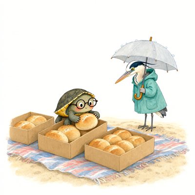 A small turtle in round glasses places a bread roll into one of three cardboard boxes on a picnic blanket; the boxes hold two, three and six rolls; a heron in a teal raincoat stands nearby holding an umbrella over itself.