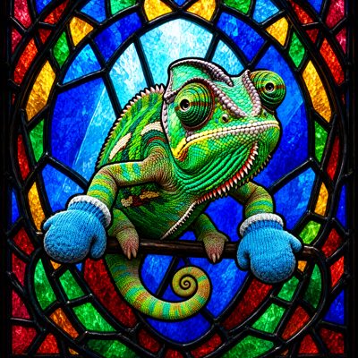 Stained-glass window in deep blue, red and gold: a bright green chameleon sits on a branch, looking pleased, wearing fluffy blue mittens on its two front feet; its tail curls in a spiral below.