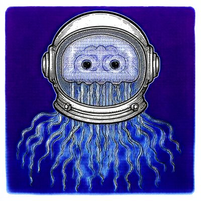 Blue linocut-style print: a pale jellyfish with two round eyes fills a silver astronaut helmet, its long wavy tentacles hanging out beneath, on a deep indigo ground.