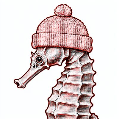 Red-ink linocut-style print of a seahorse in profile wearing a pink knitted beanie with a pompom, its one visible eye turned toward the viewer.