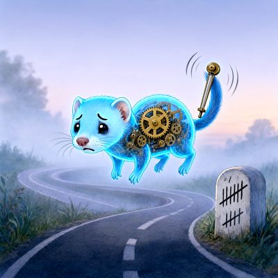 Soft watercolour at misty dusk: a glowing translucent blue ferret with brass gears visible inside its body floats above a winding road, looking worried; its tail ends in a ticking metronome arm; a stone milestone with tally marks stands by the roadside.