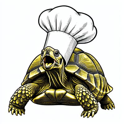 Yellow-and-black linocut-style print of a tortoise in a tall white chef's toque that nearly reaches the top of the frame, head up and mouth wide open, caught just before a sneeze.
