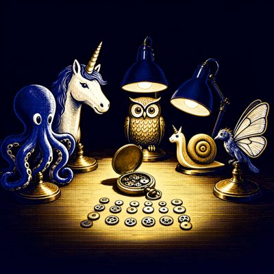 Indigo-and-gold linocut-style print: five small brass animal figurines (an octopus, a unicorn, an owl, a snail wearing a tiny unicorn horn, and a bird with butterfly wings) stand around an opened pocket watch on a table, its gears laid out in neat rows under two desk lamps.