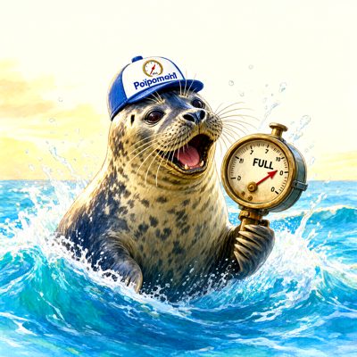 Gouache illustration: a spotted harbor seal bursts out of a bright turquoise wave, mouth wide open, wearing a blue-and-white cap with the nonsense word POIPOMEINL on it and holding up a brass gauge whose needle points to FULL.
