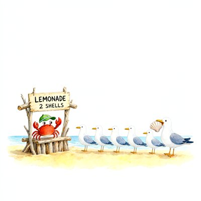 Watercolor: a red crab in a green cap stands behind a driftwood stand with a sign reading LEMONADE 2 SHELLS, while five seagulls queue politely along the beach and a larger one at the back holds a scallop shell in its beak.