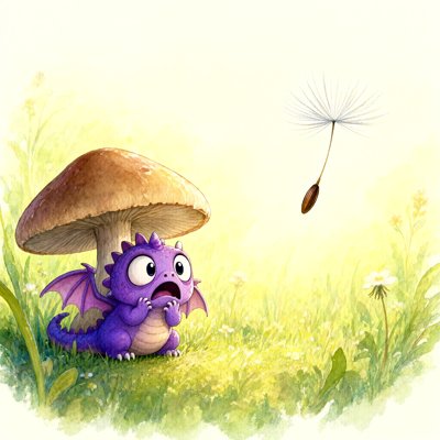Watercolor: a small round purple dragon crouches under a brown mushroom, both hands pressed to its open mouth in horror, staring at a single dandelion seed drifting toward it through a sunlit meadow.