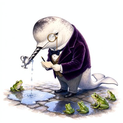 Watercolor: a narwhal standing upright on a cobblestone street in a plum velvet jacket, monocle, bow tie, pinstripe trousers and black oxfords, taking notes on a card while a silver tasting cup balances on the tip of his tusk; five small green frogs wait around the puddles.