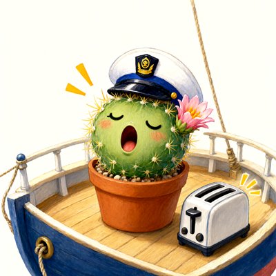 Watercolor: a round green cactus in a terracotta pot sings with its eyes shut and mouth wide open, wearing a white captain's hat with a gold badge, a pink flower at its side, on the wooden deck of a little navy-hulled boat beside a chrome toaster giving off its own yellow ding lines.