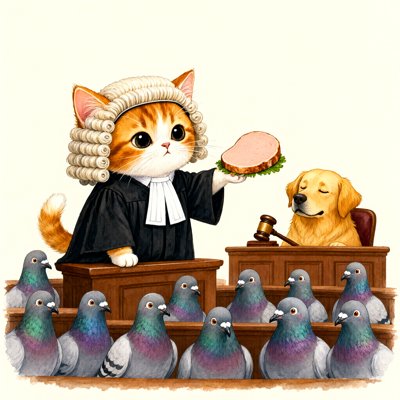 Watercolor: an orange-and-white kitten in a curled white barrister's wig and black robe holds up a slice of turkey as evidence; a golden retriever judge sleeps beside a gavel, and a jury of iridescent pigeons watches from the box.