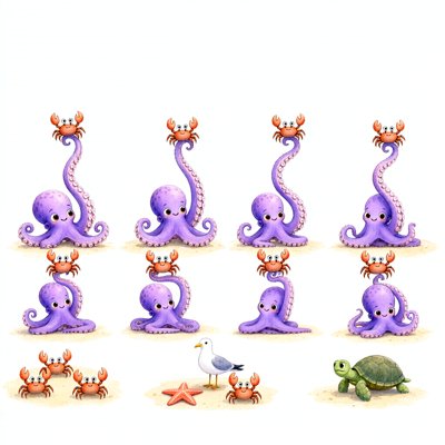 Watercolor on white: instead of one octopus teaching eight classes, the picture shows eight separate purple octopuses in two rows, each balancing a small crab on the tip of one raised tentacle; along the bottom, three crabs, a seagull and a starfish, and a green turtle.