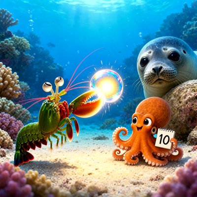 Bright storybook illustration on a coral reef: a green shrimp with stalked eyes (more mantis shrimp than pistol shrimp) snaps a big claw and a glowing iridescent bubble with a small sun inside bursts from it; an orange octopus with big eyes holds up a card reading 10; a grey seal peeks from behind a rock.