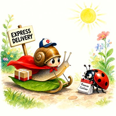 Watercolor: a snail in a red cape and a blue cap rides a leaf sled with a small wrapped parcel, beside a sign reading EXPRESS DELIVERY; a ladybug waits on the garden path holding a little flip calendar; sunshine and flowers.