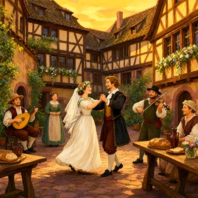 Watercolor-style painting: a bride in white with a flower crown and long veil dances hand in hand with a groom in a dark doublet in a cobbled courtyard between half-timbered houses with flower boxes; a lute player sits on the left, a fiddler in a black hat plays on the right, a woman in a green dress watches smiling, bread and a jug on wooden tables, gold evening light.