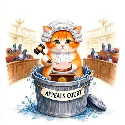 Watercolor: an orange-and-white kitten in a curled white barrister's wig sits in a metal trash can that overflows with splashing water like a fountain, holding a gavel, a slice of ham-like turkey on a little pedestal in front of him; a banner on the can reads APPEALS COURT; pigeons sit in the courtroom galleries on both sides.