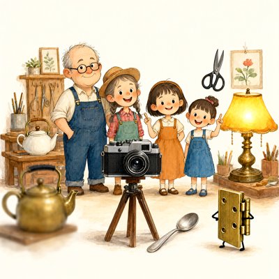 Watercolor: a family group photo in a cozy workshop, a grandpa in overalls and three smiling little girls posing behind an old camera on a tripod, a teapot, scissors, a lamp and a spoon around them, and off to the side a small brass door hinge that has grown little legs, standing a little apart, trying its best.