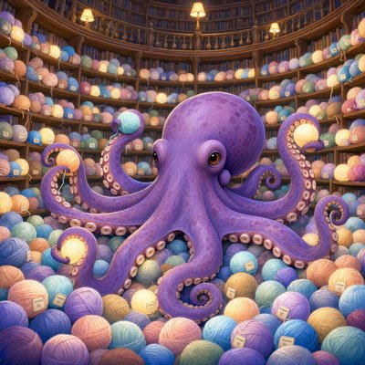 Storybook painting: a huge gentle purple octopus in a round library, each tentacle holding a glowing ball of yarn with a small label tag, thousands more glowing balls of yarn on the shelves all around, warm lamplight.
