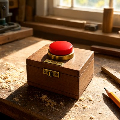 Photograph-style: a small hand-made wooden box with a brass latch on a sunlit workbench, one big round red button set in a brass ring on top, a small brass plaque reading YOURS TO PRESS, sawdust scattered around and a yellow pencil at the edge, window light behind.