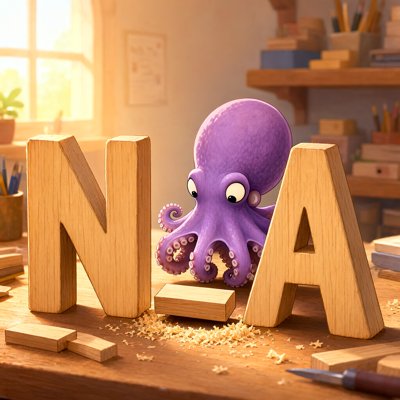 Storybook illustration: a purple octopus with big round eyes peeks out from between two giant wooden letters, N and A, on a sunlit workshop bench. On the bench between the letters sits one short, low wooden plank in a drift of sawdust. Pencils stand in jars on the shelves behind.