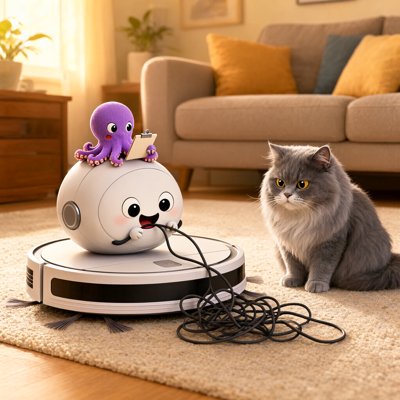 Storybook illustration of a cozy living room in warm light. A round white robot vacuum with a cartoon face, big eyes and pink cheeks, holds a tangle of black cable in its little hands and chews it happily. A small purple octopus sits on top of it, holding a clipboard. Beside it on the rug, a fluffy grey cat with yellow eyes sits upright, looking thoroughly unimpressed. A beige sofa with mustard cushions is behind them.
