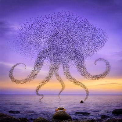 A violet and amber dusk over still sea. Thousands of tiny starlings form the shape of a giant octopus across the sky, with about five curling arms; one arm reaches down to the water near a small crab bobbing on the surface, while another crab sits on a rock in the foreground.