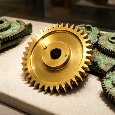 A bright, gleaming brass gear with about forty triangular teeth lies on a pale museum display cloth, surrounded by heavily corroded, green-crusted ancient bronze gear fragments with tiny worn teeth. Soft light from above; the new gear is the only shiny thing in the frame.