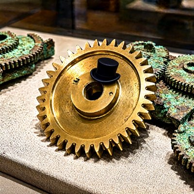 The same gleaming brass gear among the green-crusted fragments, now wearing a tiny black top hat perched on its centre hub.