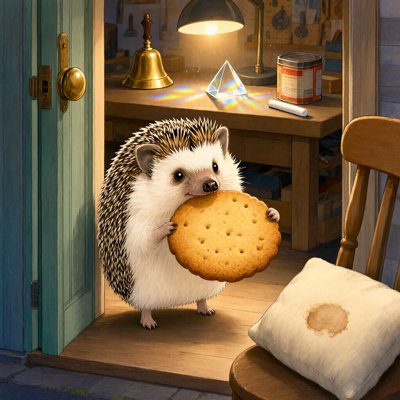 Storybook illustration at night. A small round hedgehog stands in the doorway of a workshop with a teal door, holding up one huge round biscuit in both paws, chin resting on its top edge. Behind him, under a lamp, a workbench holds a brass bell, a glass prism throwing rainbows across the wood, a red coffee tin and a stick of chalk. In the corner, a pale cushion with a brown coffee stain sits on a wooden chair.