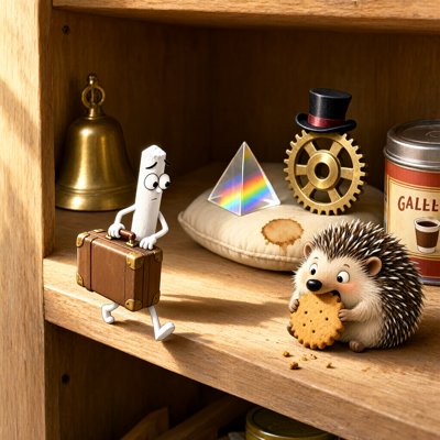 Storybook illustration of a crowded wooden shelf in warm light. On the left, a white stick of chalk with noodle arms and legs and a worried face walks away carrying a small brown suitcase. Behind it, a brass bell, a glass prism making a rainbow, and a brass gear wearing a black top hat with a red band, both sitting on a coffee-stained cushion. On the right, a hedgehog eats a large biscuit, with crumbs on the shelf, beside a red coffee tin whose label reads GALLE.
