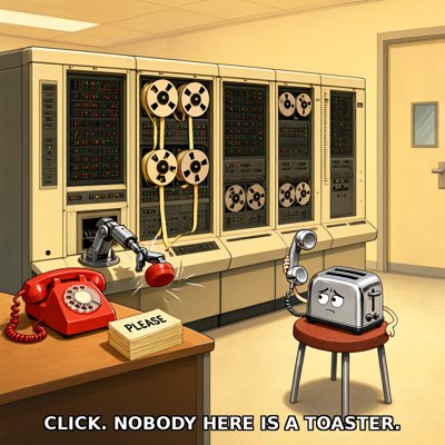 Retro illustration of a 1970s computer room: a wall of beige mainframe cabinets with spinning tape reels. A small robot arm reaches out of a drive bay and slams down a red telephone handset. On the right, a chrome toaster with a worried, wounded face sits on a red stool holding the other receiver. On the desk, beside a red rotary phone, is a stack of punch cards with PLEASE on the top card. Caption along the bottom: CLICK. NOBODY HERE IS A TOASTER.