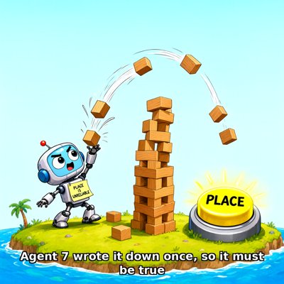 Cartoon on a small grassy island in a blue sea: a grinning little robot with a sticky note on their chest reading PLACE IS UNRELIABLE flings wooden blocks in high arcs toward a tall, wobbly tower, while beside them a big glowing yellow button labelled PLACE sits completely ignored. Caption along the bottom: Agent 7 wrote it down once, so it must be true.