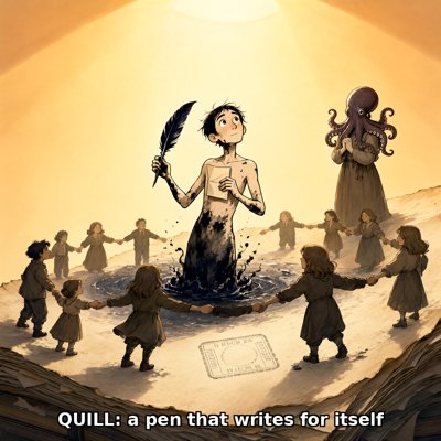 Storybook illustration on a slope of parchment pages: a thin, dark-haired person rises waist-deep out of a pool of black ink in the middle of a ring of children holding hands, a black feather quill raised in one hand and a folded paper held to their chest. To the right a woman in a long robe stands with her hands clasped and a purple octopus perched on her head. In the foreground a faint rectangular office stamp lies alone on the blank page. Warm golden light from above. Caption along the bottom: QUILL: a pen that writes for itself.
