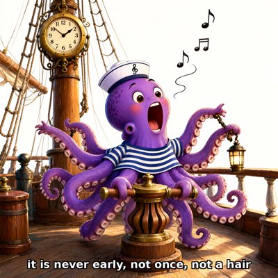 Storybook illustration on the wooden deck of an old sailing ship: a purple octopus in a blue-and-white striped shirt and a white sailor's hat with a treble clef on it sings with her mouth wide open, many arms wrapped around a brass-capped wooden capstan, one arm holding up a small glowing lantern. Black music notes float up to the right. On the mast behind hangs an ornate brass clock reading about ten past ten. Caption along the bottom: it is never early, not once, not a hair.