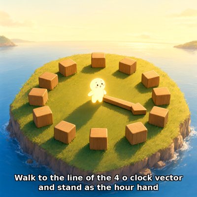 Storybook illustration seen from slightly above: a small round grassy island with rocky cliff edges in a calm blue sea at golden hour. Twelve wooden blocks stand in a ring like the numbers on a clock face. In the centre stands a small, round, softly glowing pale figure with rosy cheeks and a surprised expression, and beside them a long wooden arrow lies on the grass pointing to about four o'clock, like an hour hand. Caption along the bottom: Walk to the line of the 4 o clock vector and stand as the hour hand.