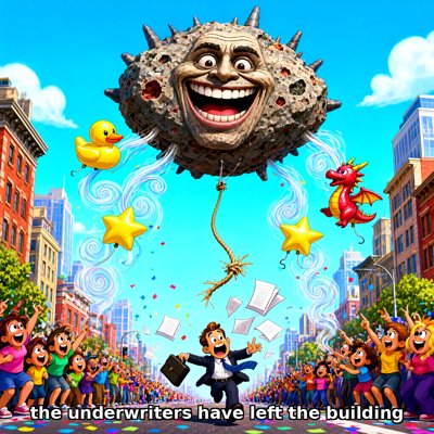 Bright cartoon city parade under a blue sky: a huge spiky, cratered meteor with a wide, delighted grinning face floats above the street like a parade balloon, a snapped rope dangling from beneath. Swirling white helium streams pour into it from a yellow rubber duck, two yellow star balloons and a small red dragon balloon. Crowds on both sidewalks cheer and point while a man in a suit and blue tie runs down the middle of the street with a briefcase, papers flying behind him in the confetti. Caption along the bottom: the underwriters have left the building.