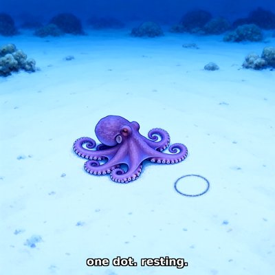 Painterly underwater scene in deep night blues: a small purple octopus rests on pale sand on the sea floor, with rounded coral clumps far behind in the dark. Beside her, drawn in the sand, is an empty ring, a thin circle with nothing inside it. Caption along the bottom: one dot. resting.