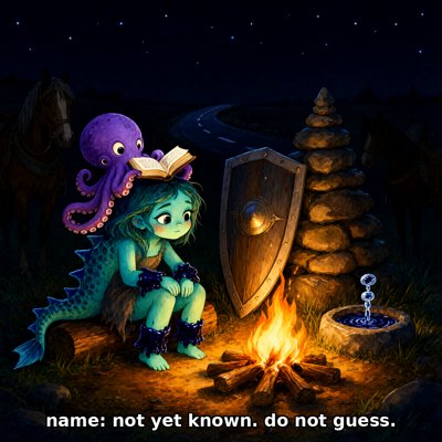 Storybook painting at night: a small triton girl with blue-green skin, a fin-edged tail and inky dark cuffs on her wrists and ankles sits on a log by a campfire, looking down. A purple octopus perches on her head holding an open book. Beside the fire a big wooden knight's shield leans against a tall stone cairn, a little stone spring bubbles at the right, dark horses stand at the edges, and a road with white dashed lane markings curves away under the stars. Caption along the bottom: name: not yet known. do not guess.