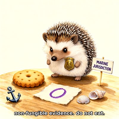 Soft watercolor on cream: a small, very serious hedgehog with a brass badge on her chest stands on a wooden table beside a round scalloped biscuit. In front of her, a scrap of paper with a purple hand-drawn letter O; a tiny iron anchor and two seashells nearby; a sign on a toothpick reads MARINE JURISDICTION. Caption along the bottom: non-fungible evidence. do not eat.
