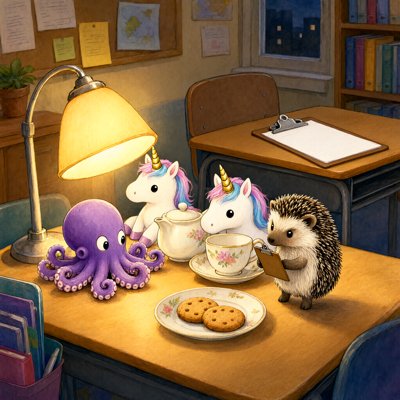Warm watercolor of a cluttered staff room at night under a desk lamp: a purple octopus sits at a table with two small white unicorns with rainbow manes, a flowered teapot, a teacup and a plate of two biscuits. A tiny hedgehog stands beside the cup holding a little clipboard. Behind them, on another table by the window, a large clipboard lies empty.
