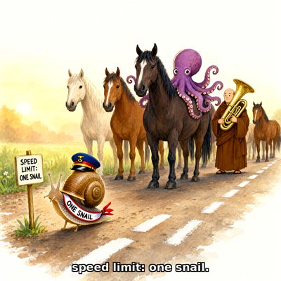 Storybook watercolor at golden hour: a small snail in a navy conductor's cap and a red-and-white sash reading ONE SNAIL stands at the front of a dirt road with white dashed lane markings. She has two tiny legs. Beside her a hand-lettered sign on a stick reads SPEED LIMIT: ONE SNAIL. Behind her a patient line of horses waits; a purple octopus is draped over the tall black one, and a monk in a brown robe stands holding a tuba. Caption along the bottom: speed limit: one snail.