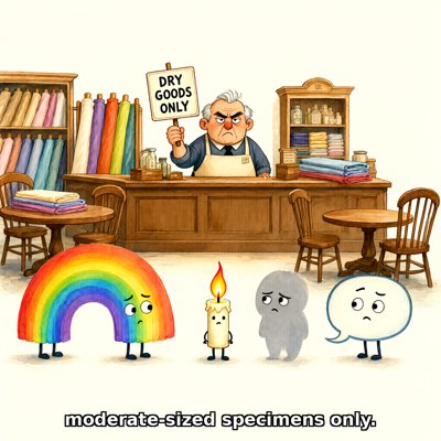 Watercolor of an old-fashioned dry goods shop: bolts of colourful cloth on shelves, wooden tables and chairs, and a scowling grey-haired shopkeeper in an apron behind the counter holding up a sign that says DRY GOODS ONLY. In front of the counter waits a line of four sad cartoon characters with tiny legs: a rainbow on four feet, a lit candle, a soft grey shadow and a white speech bubble. Caption along the bottom: moderate-sized specimens only.